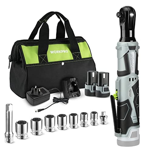 Image of WORKPRO Cordless Ratchet Wrench Set, 3/8" Cordless Ratchet with 7 Sockets, Extension Bar and Drive Adapter, 1 H Fast Charger, 12 V Powered Ratchet Wrench 55 N·m with 2 Pack 2.0 Ah Lithium-Ion Battery