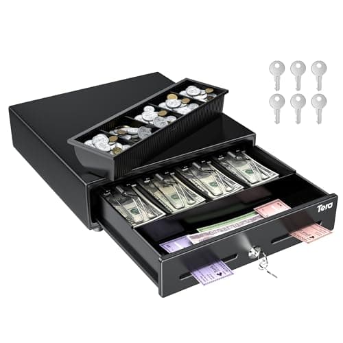 Image of Tera 13" Cash Register Drawer for Point of Sale POS System with 4 Bill 5 Coin Cash Tray 6 Keys Auto Open Removable Coin Compartment Key-Lock 24V RJ12 Interface Media Slot for Small Business 330G