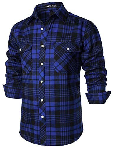 Image of PARKLEES Men's Casual Regular Fit Button Up Flannel Checked Plaid Shirts with Pockets PZLCL41 Royal Blue L