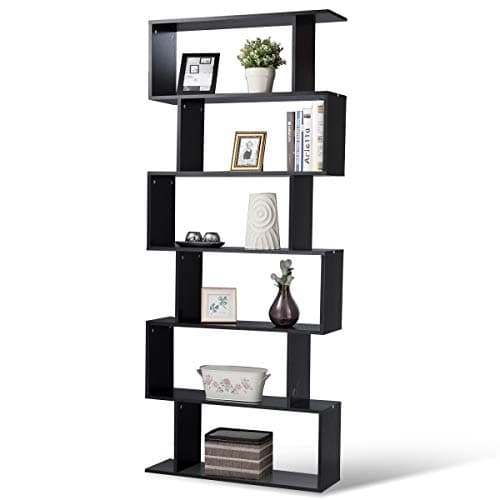 Image of COSTWAY S-Shaped Wooden Bookcase, 5/6 Tiers Freestanding Storage Shelf, Home Office Industrial Decorative Bookshelf Display Stand Rack (Black, 80 x 23 x 192cm)