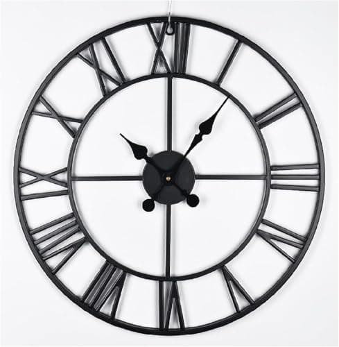 Image of Shoze Vintage Large Black Wall Clock - 60CM Round Silent Skeleton Roman Numerals Battery Hanging Clock for Living Room, Bedroom, Kitchen, Hotel, Office