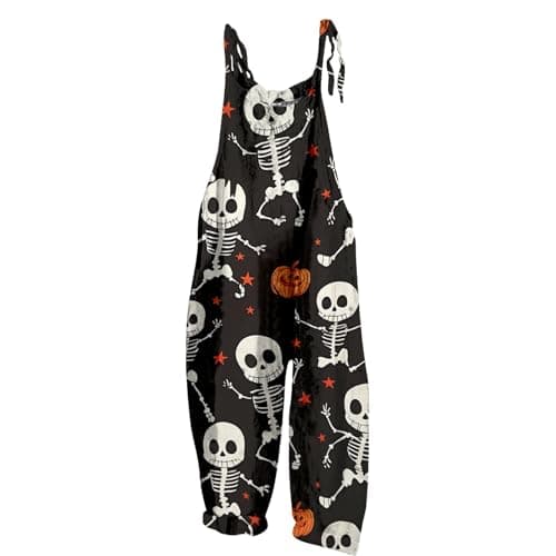 Image of Eauptffy Jumpsuit Women's Elegant Sleeveless Dungarees Hallween Printed Work Overalls Casual Spaghetti Bodysuit Wide Leg Overall Loose Dungarees Romper, I Black, S