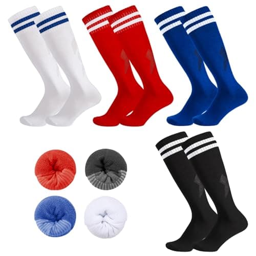 Image of Meng Jiaran 4 Pairs Kids Football Socks, Childrens Football Socks Kids Long Breathable Soccer Socks for Daily Running Training Socks for Boys Aged 5-12 (Blue+White+Red +Black)
