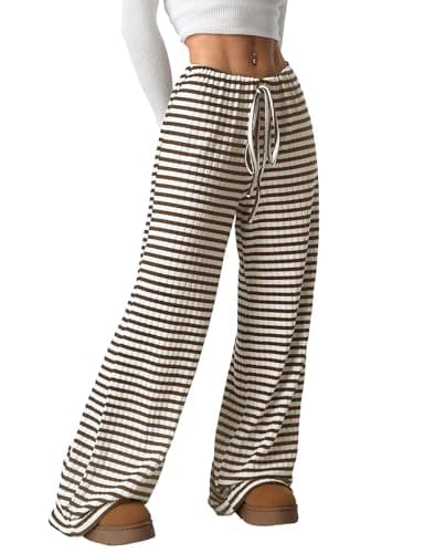 Image of Akiooue Wide Leg Trousers for Women UK,Elasticated Waist Stretch Palazzo Brown Trousers Women Loose Fit Striped Baggy Ladies Pants