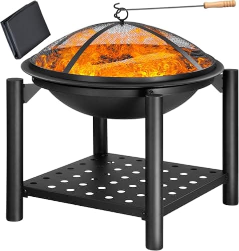 Image of Gardebruk® 55cm Garden Fire Pit with BBQ Grill Grate, Spark Guard, Poker & Waterproof Cover, Black Outdoor Firepit Bowl for Patio, Wood & Charcoal Burner with Log Storage Shelf, Heater for Camping