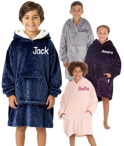 Image of Personalised Kids Oversized Hoodie Blanket Soft Fleece Wearable Hoody Childrens Snuggle Cosy Hooded Blanket for Girls Boys Age 7-13 Years (Navy Gamer)