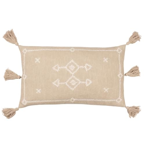 Image of furn. Yard Folis Embroidered Cushion Cover – Global Geometric Embroidered Cotton Tasselled Edges Hidden Zip (Stone – 50 x 30 cm)