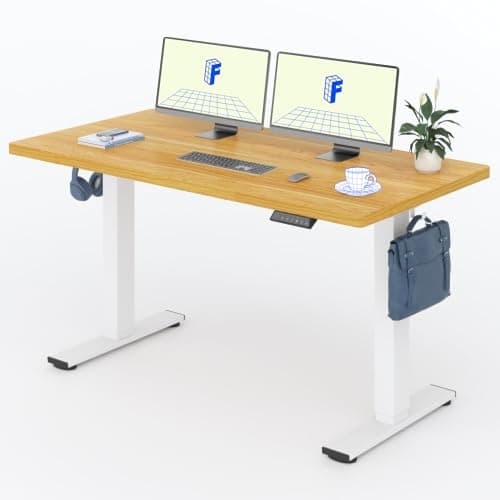 Image of FLEXISPOT E1 Plus 140 * 80cm Electric Height Adjustable Standing Desk ONE PIECE Sit Up Desk with Memory Smart Panel Backpack Hook, Home Office (White Frame+ Maple Desktop)