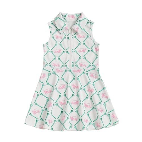 Image of Himllauen Kids Girl Tank Dress Toddler Golf Cart Print Zipper Front Collared Sleeveless A-line Ruffle Dress Adorable Cute Summer Clothes (White, 9-10 Years)