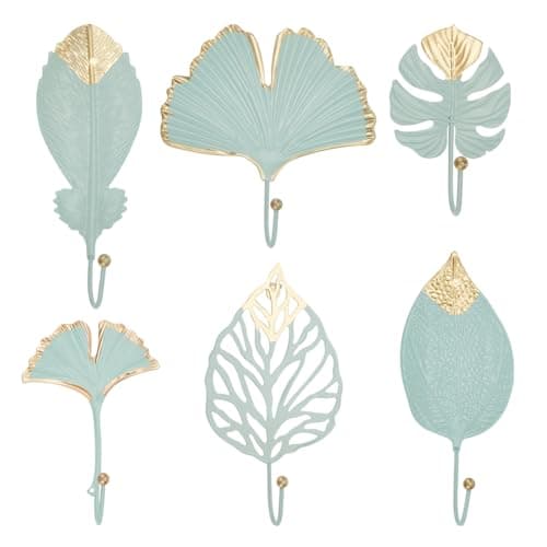 Image of BENECREAT 6Pcs Painted Iron Wall Hooks, Light Green Non-Punched Wall Hooks, Decorative Leaf Iron Hooks Botanical Single Claw Coat Rack for Room, Living Room Decoration
