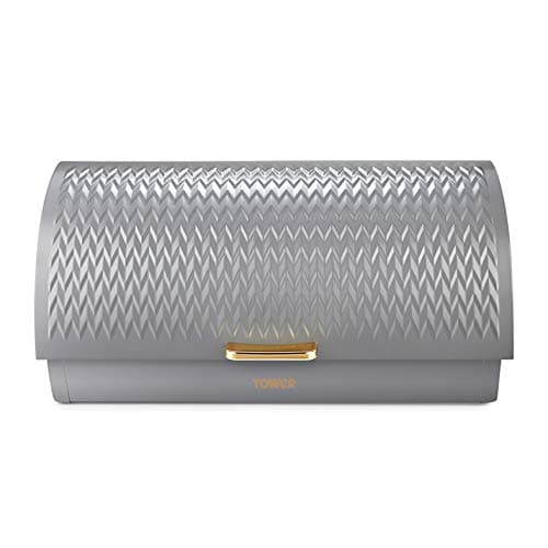 Image of Tower T826090GRY Empire Roll Top Bread Bin, Stainless Steel, Grey and Brass, One Size