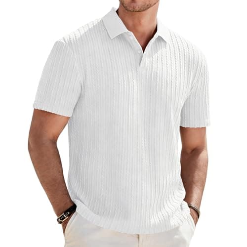 Image of Focixfor Men's Polo Shirts Short Sleeve Button Regular Fit Casual Golf Striped Shirt White XL