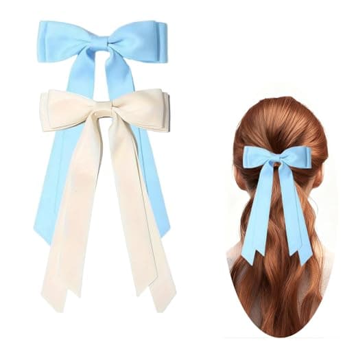 Image of Hair Bows for Girls & Women, Satin Hair Ribbon Clips, Blue Beige Hair Bow, 2PCS Elegant Hair Accessories Barrettes for Women Girls Daily Party Christmas Wedding Prom