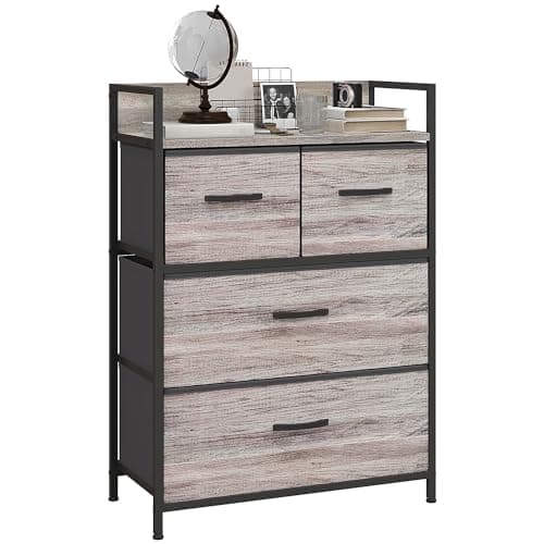 Image of HOMCOM Bedroom Chest of Drawers, Fabric Dresser with 4 Drawers, Storage Organiser Unit with Open Shelf and Metal Frame for Living Room, Entryway, Grey Wood Effect