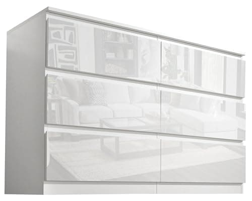 Image of High Gloss White Chest of Drawers, 6 Drawer Bedroom Chest of Drawers with Metal Runner Tall Dresser Bedside Table Storage Cabinet for Bedroom Living Room Hallway Furniture, 120W x 42D x 77H cm