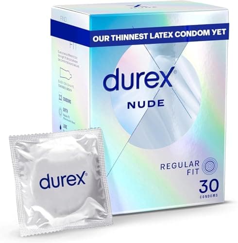 Image of Durex Nude, Ultra Thin, 30 Condoms, Regular Fit, with Silicone Lube, Easy on Shape, Teat Ended, Our Thinnest Latex Condom Yet, Transparent Natural Latex Condoms, Trusted Durex Protection