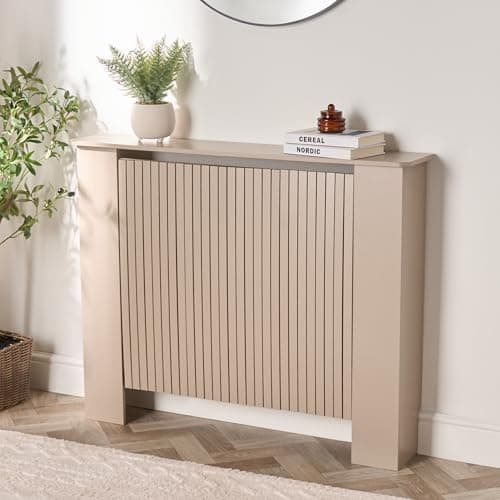 Image of OHS Medium Radiator Cover Stylish Slatted Front, Ribbed Radiator Cover MDF Wood Frame Top Shelf Decorative Heater Cover for Living Room Bedroom Hallway, Taupe - 102 x 82 x 19cm
