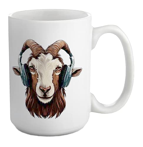 Image of Shopagift Goat DJ Mug Headphones Techno Rock Punk Rap Music White 15oz Large Gift Ceramic Cup
