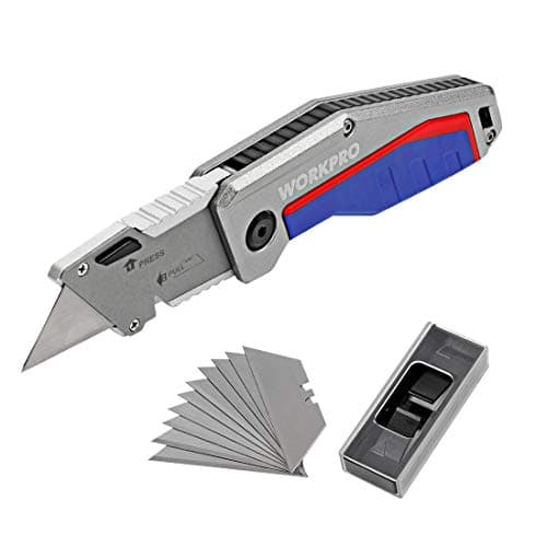 Image of WORKPRO Folding Utility Knife, Quick-Change Box Cutter with 10 Blades, Compact Utility Knife with Comfort Grip, Ideal for Cardboard Cutting