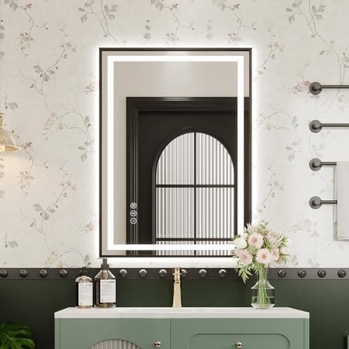 Image of Dripex Black Metal Framed Bathroom Mirror with LED Lights, 500 * 700 MM Light up Backlit Mirror Bathroom Anti Fog Mirrors Dimmable Switch with 3 Colors, Horizontal/Vertical