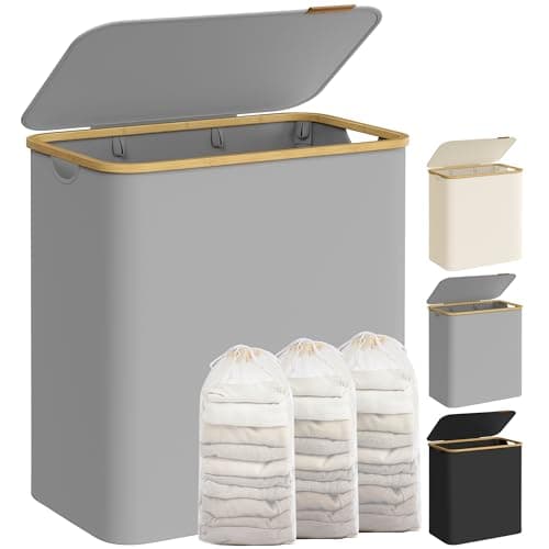 Image of SONGMICS Laundry Basket with Lid, 3-Section Large Laundry Hamper, 150L, Removable Mesh Liner, Oxford Fabric, Bamboo Handles, Collapsible, 60 x 38.5 x 70.5 cm, Dove Grey LCB515G01