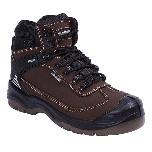 Image of Apache Men's Ranger Safety Hiking Boot | Brown Size 10 UK | Premium Leather Work Shoe | Waterproof and Durable | Steel Toe Cap and Midsole Protection