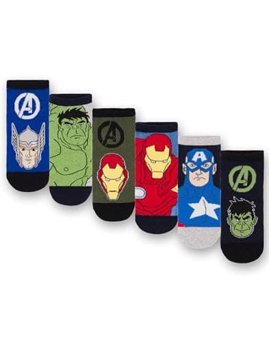 Image of Marvel Avengers Boys Socks - Pack of 6 | Kids Superhero Multicoloured Athletic Character Socks | Hulk Captain America Iron Man Thor Graphic Footwear | Comfortable Childrens Sock Set Merchandise Gift