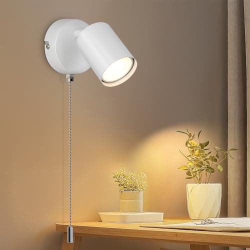 Image of Ketom Adjustable Wall Light with Pull Cord Switch, GU10 Modern Wall Sconce Lights White, Wall Spotlight Fixtures, LED Wall Lights Indoor for Bedroom Bedside Hallway, Bulb Not Included