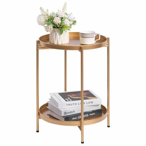 Image of HollyHOME Gold Round Side Table Living Room Small Metal Coffee Table for Balcony Patio 2 Tier Tray End Table Nightstand for Bedroom