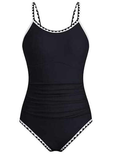 Image of XiaoMoSha Swimming Costume Girls One Piece Bathing Suit with Adjustable Straps Color Contrast Trim for Teens Girls, 12-13 Years, Black