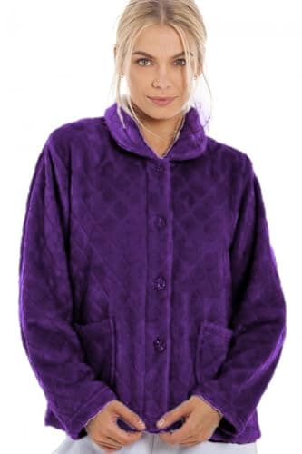 Image of Camille Womens Supersoft Fleece Bed Jacket | Luxury Collared Warm Sleep Coat | Button Up & Long Sleeved | Warm & Cosy All Night Long | Autumn or Winter Wear Over Pyjama Top | Diamond Purple 18-20