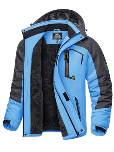 Image of KEFITEVD Winter Fleece Rain Jackets for Men Windproof Jackets for Ski Snowboarding Multi Pockets with Hood,Sky Blue,M