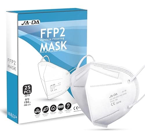 Image of FFP2 Face Masks UK Certified Pack of 25 - Flat Fold Face Masks White- Disposable Safe KN95 Face Mask 5-Layer Fiber Protection Filter>94% Anti Dust Masks for Sanding - Portable Travel Friendly