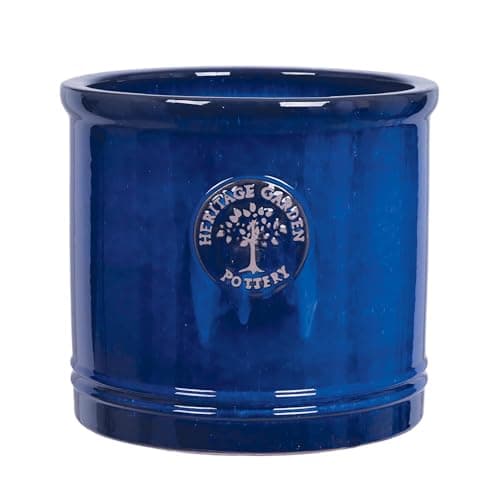 Image of Small 19cm Blue Heritage Cylinder Garden Ceramic Planter Plant Flower Pot - Frost Proof