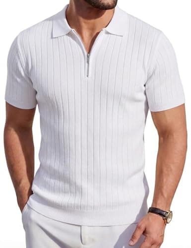 Image of Focixfor Men's Polo Shirts Zip Knitted Short Sleeve Stretch Vertical Striped Golf Casual Tshirt White XL