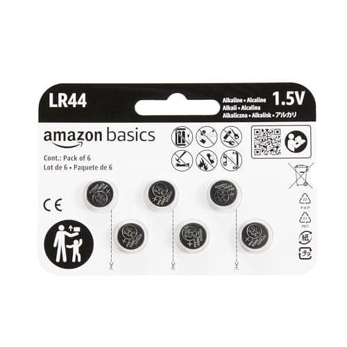 Image of Amazon Basics LR44 Alkaline Button Cell Battery, Long Lasting Power, Mercury-Free, 1.5 V, Pack of 6