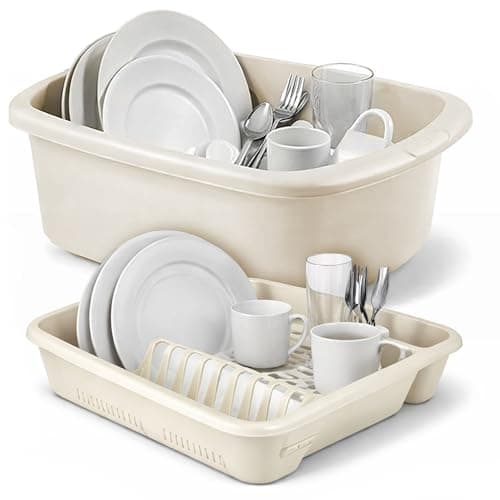 Image of Ploutos World Wide Washing Up Bowl Set of 2 – Plastic Rectangular Plastic Sink Bowl with Dish Drainer, Kitchen Washing Basin, Sink Organiser for Plates, Cups & Cutlery (Cream)