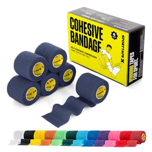 Image of 6 Rolls SPORTTAPE Self-Adhesive Football Sock Tape | 5cm x 4.5m - Navy Blue | Cohesive Bandage Sock Wrap, Shin Pad Tape | Goalkeeper Wrist Tape & Football Ankle Tape | Pet & Vet Wrap for Dogs, Horses