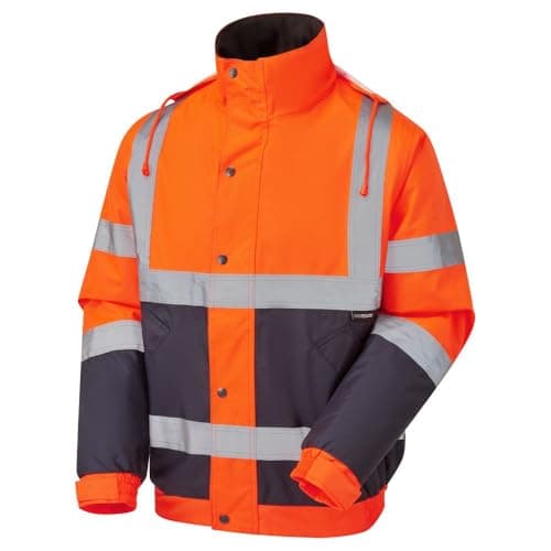 Image of MyShoeStore Hi Vis Bomber Jacket High Viz Visibility Workwear Safety Security Concealed Hood Fluorescent Flashing Hooded Padded Waterproof Work Wear Coat (Orange/Navy,L)