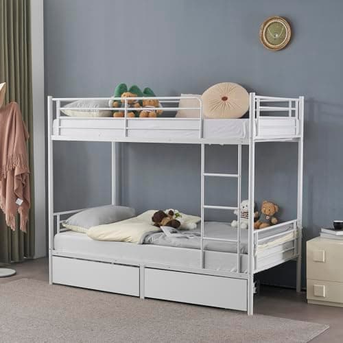 Image of Karlhome Twin Over Twin Bunk Bed, Bunk Beds for Adults Kids Bunk Bed with 2 Drawers Double High Sleeper Bed with Ladder & Guard Rails, Heavy Duty Metal BunkBeds for Teens - No Box Spring Needed, White