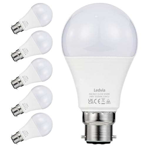 Image of B22 LED Bayonet Light Bulbs, 100W Equivalent, 13.5W 1520lm Daylight Cool White 6500K, Non-Dimmable, Energy Class E, Pack of 6