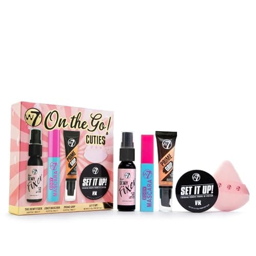 Image of W7 On the Go Cuties - Mini Makeup Essentials with Primer, Mascara, Setting Spray, Loose Powder & Powder Puff - Travel Size Beauty Favourites