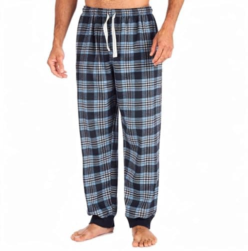 Image of Style It Up Men’s Fleece Lounge Pants Pyjama Bottoms – Soft Warm Tartan Check & Plain PJ Pants, Cuffed Hem, Adjustable Drawstring Waist, Pockets, Nightwear & Loungewear (BLUE-CHECK, L)