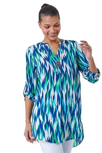 Image of Roman Originals Shirt for Women UK Ladies Longline Top Collarless Blouse Smart Tunic Casual Evening Relaxed Fit 3/4 Length Sleeve Notch V Neck Long - Blue Green - Size 10