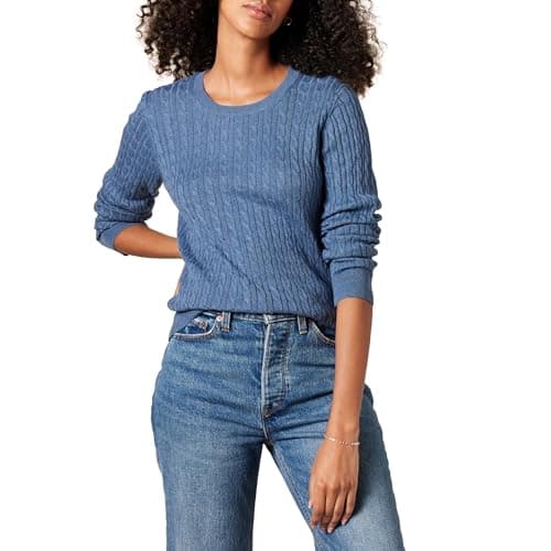 Image of Amazon Essentials Women's Lightweight Cable Knit Long-Sleeve Crewneck Jumper (Available in Plus Size), Blue Heather, L