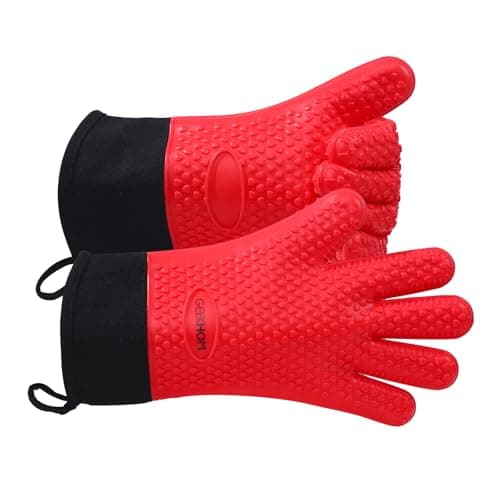 Image of GEEKHOM Silicone Oven Gloves Heat Resistant Silicone Oven Mitts BBQ Gloves Waterproof Kitchen Gloves for Barbecue Grilling Weber Microwave, Non-Slip Oven Gloves with Fingers, Red