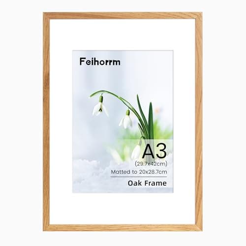 Image of A3 Picture Frame, Solid Oak Wood A3(30x42 cm Photo Frame, A3 Frame with Mount for A4(21x29.7 cm), A3 Poster Documents Certificate Frame with Tempered Glass for Wall Mounting for Home Family Office
