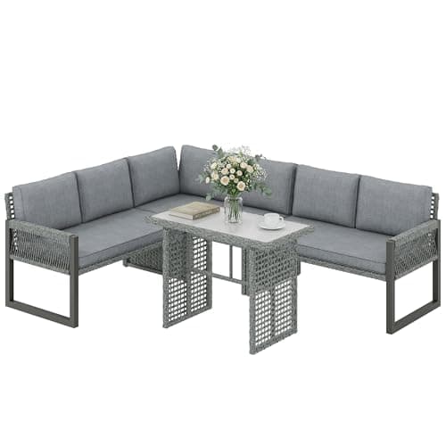 Image of Outsunny 6 Seater Rattan Garden Furniture Set with 3 Loveseats, Glass-Top Table, 4 Piece Outdoor Dining Patio Rattan Furniture Corner Sofa Set with Cushions for Conservatory, Grey