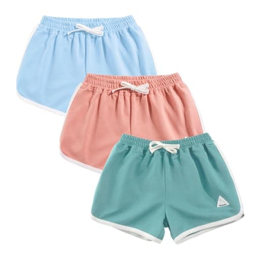 Image of Rolanko Girls Sports Shorts, Cotton Summer Contrast Binding Dolphin Short Pants, Kids Athletic Gym Wear for Running and Dancing, 3 Packs (Sky Blue Pink Green, Size: 150, 10-11 Years)