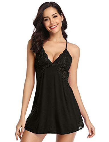 Image of Yummy Bee Sexy Lingerie Sets for Women UK Chemise Babydoll Nightdress Jersey Modal Slip Night Dress Red Black Navy Blue Womens Nighties Plus Size 8-22 (Black, 12/14)